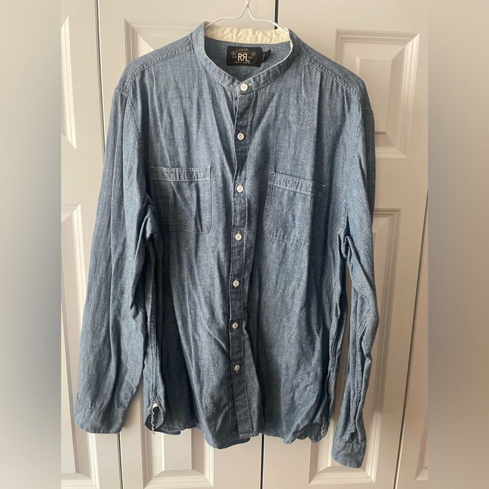 RRL Ralph Lauren Denim Monk Collar Button Down Shirt Long Sleeve